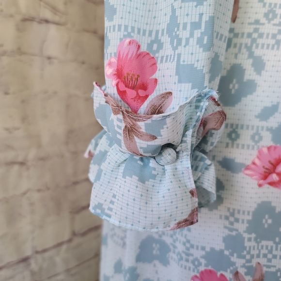 Vintage 1970s Semi Sheer Long Sleeve Blue Pink Floral Print Secretary Dress 12 - Picture 8 of 10